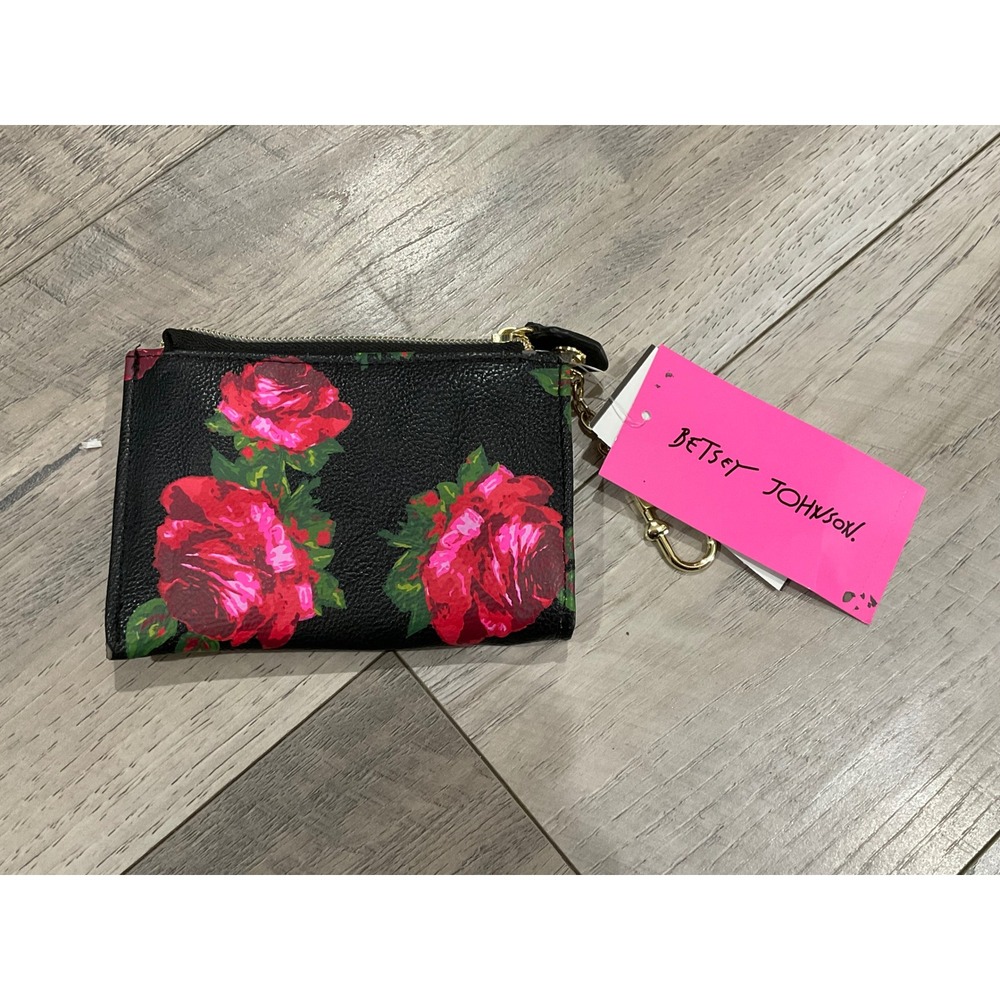 Betsey Johnson Floral ID Case Wallet Black Pink Rose Faux Leather Keychain NWT‎ - Picture 2 of 4